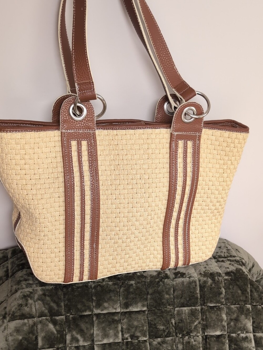 Neutral Woven Tote Bag with Brown Trim